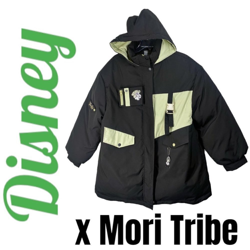 DISNEY x MORI GIRL Goofy Puffer Hooded Coat Black & Green, Size‎ Large